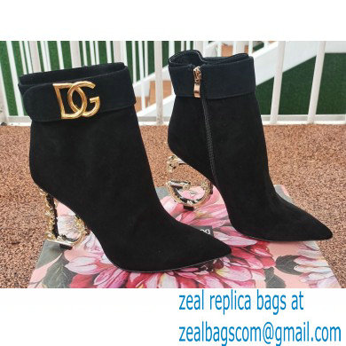 Dolce & Gabbana Heel 10.5cm Leather Ankle Boots Suede Black with Baroque DG Heel and Strap 2021 - Click Image to Close